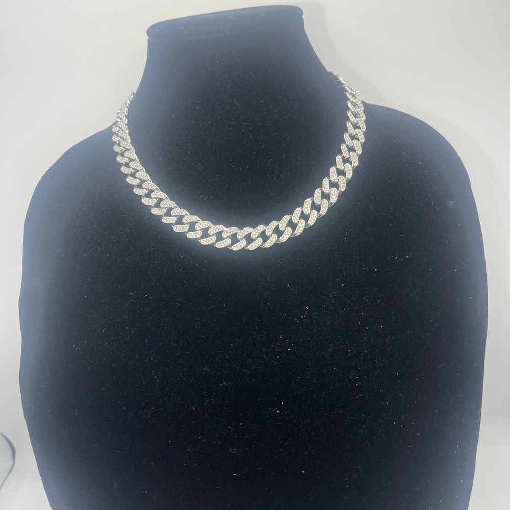 Women's/Men CZ/Rhinestone Silver Cuban Link Necklace - Sparkling Chain